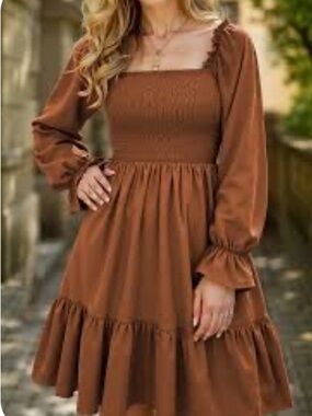 Brown square-neck dress features a shirred bodice and ruffled hem Boho size M